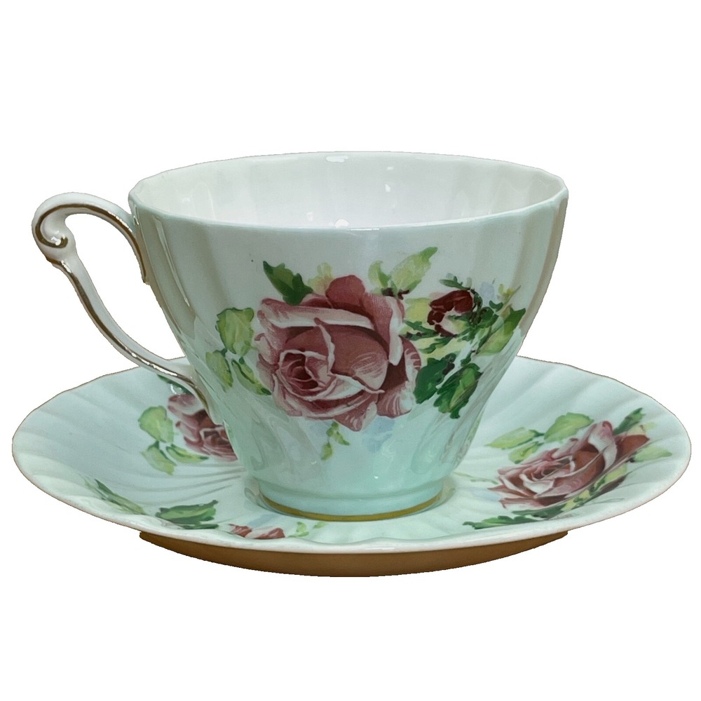 Vintage Queen Anne Tea Cup & Saucer Set Pastel‎ Green w Pink Roses Numbered